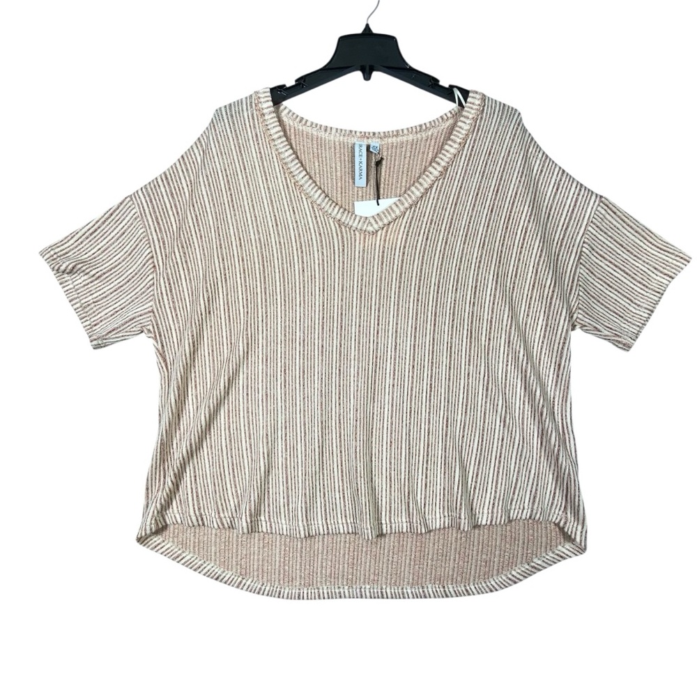 Grace + Karma Rib Top Women's 2X Rust Cream Striped V Neck Short Sleeve NWT